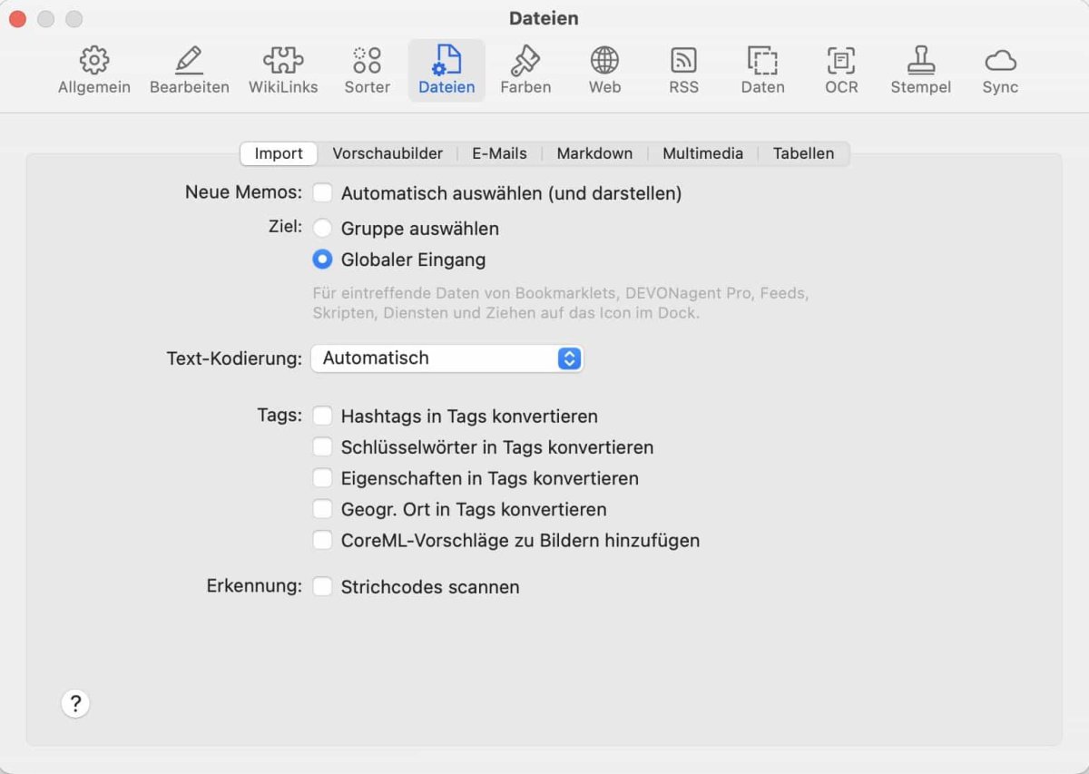 Programmeinstellungen DEVONthink: Dateien - Import